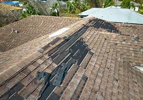 A shingle roof with a long strip of lifted, displaced, and missing shingles beside the roof ridge.